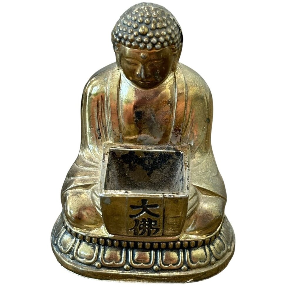 Vintage Brass Buddha Incense Holder With Intricate Detailing & Engraved Symbol
